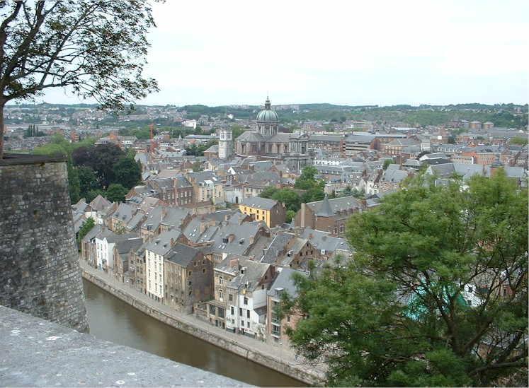 Le vieux Namur vu des remparts de la citadelle : la cathdrale Saint-Aubain, l'Universit Notre-Dame de la Paix, au coeur de la ville, bord par la Sambre (Photo Marie-Anne Delahaut, Institut Jules-Destre)