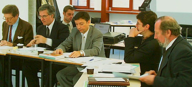 Giuseppe Zilioli (EC, DG INFSO), George Chatillon (Paris I Sorbonne), Tanguy Ewbank de Wespin, CITA, FUNDP), Angle Via (President, ISOC Galicia, new ECC president, 01-06.2002), Yves Thiran (RTBF, ISOC Wallonie), Jacques Berleur (FUNDP, ISOC Wallonie President)